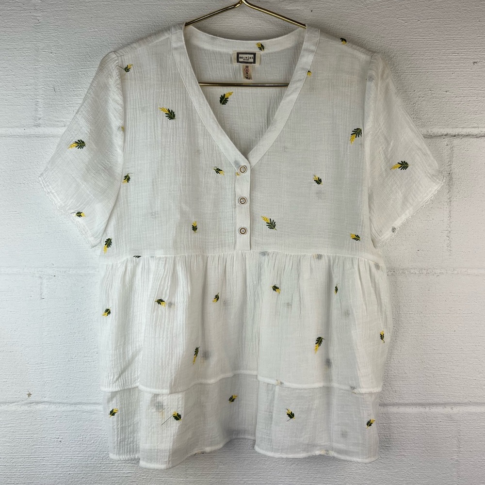 mo:vint White Floral Babydoll Top, Small